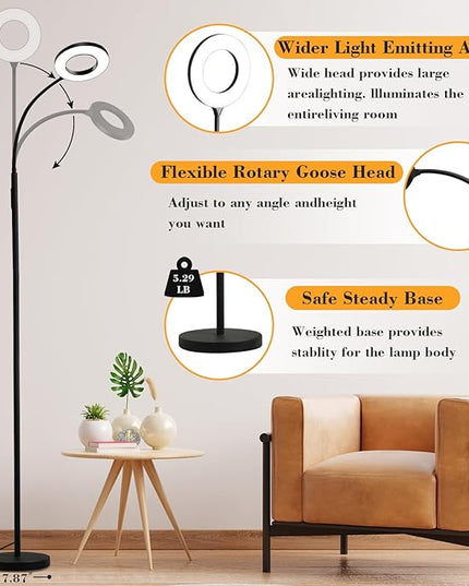 LED Floor Lamp, 12W/1000LM Reading Light, 3 Color Temperatures Bright Modern Tall Lamp, Adjustable Gooseneck Standing Lamp with Remote & Touch Control for Living Room, Bedroom, Office - LeafyLoom