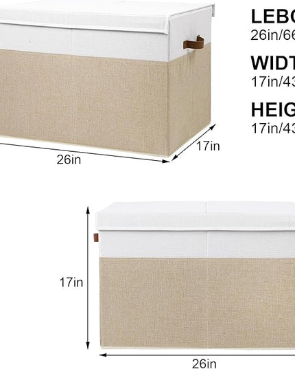 Large Toy Storage Box with Lid, Sturdy Toys Storage Chest Bin Organizer Basket with Dividers for Kids, Boys, Girls, Nursery, Closet, Bedroom, Playroom 26"x17" x17" (Beige and White) - LeafyLoom