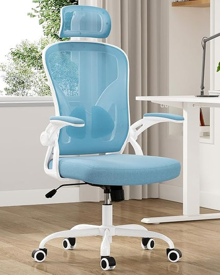 Farini Ergonomic Office Chair, Home Office Desk Chair with Headrest, High Back Computer Chair with Flip-up Armrests and Adjustable Lumbar Support for Home Office Study Room (with Headrest, Blue) - LeafyLoom