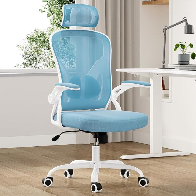 Farini Ergonomic Office Chair, Home Office Desk Chair with Headrest, High Back Computer Chair with Flip-up Armrests and Adjustable Lumbar Support for Home Office Study Room (with Headrest, Blue) - LeafyLoom