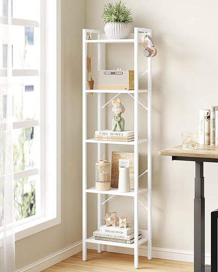 Bookshelf, Book Shelf, Industrial Bookcase with 2 Hooks, Coner Shelf Storage Organizer for Home Office, Living Room, Bedroom, Kitchen, 5-Tier White BC10513W - LeafyLoom