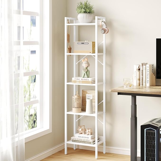 Bookshelf, Book Shelf, Industrial Bookcase with 2 Hooks, Coner Shelf Storage Organizer for Home Office, Living Room, Bedroom, Kitchen, 5-Tier White BC10513W - LeafyLoom
