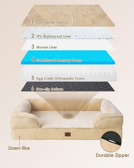 EHEYCIGA Orthopedic Dog Beds for Large Dogs, Waterproof Memory Foam Large Dog Bed with Sides, Non-Slip Bottom and Egg-Crate Foam Large Dog Couch Bed with Washable Removable Cover, Greige EHEYCIGA