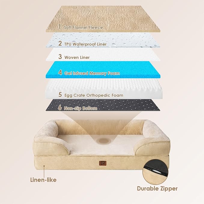 EHEYCIGA Orthopedic Dog Beds for Large Dogs, Waterproof Memory Foam Large Dog Bed with Sides, Non-Slip Bottom and Egg-Crate Foam Large Dog Couch Bed with Washable Removable Cover, Greige EHEYCIGA