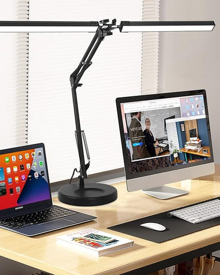 2-in-1 LED Double Head Desk Lamps for Home Office, 24W Brightest Workbench Light, Architect Lamp with Clamp & Base, 3 Colors 10 Dimming Swing Arm Lamp for Reading/Study/Computer Light - LeafyLoom