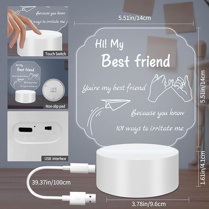 Personalized Gifts for Best Friends: 3D Illusion Lamp Engraved Acrylic LED Rechargeable Night Light with 3 Level Brightness 10 Color Modes-Friend Gifts for Thanksgiving Christmas Birthday - LeafyLoom