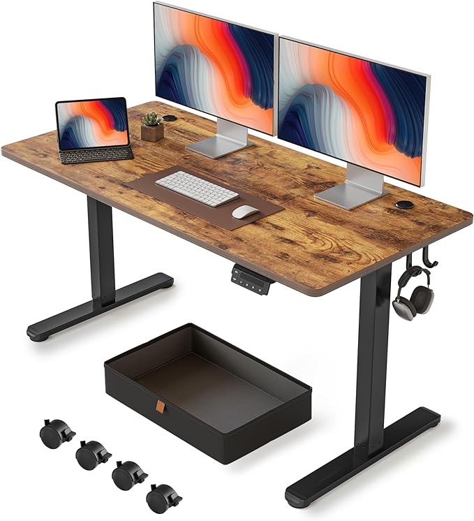 FEZIBO 55 x 24 Inches Standing Desk with Drawer, Adjustable Height Electric Stand up Desk with Storage, Sit Stand Home Office Desk, Ergonomic Computer Desk, Rustic Brown - LeafyLoom
