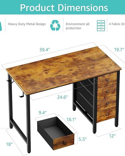 Lufeiya 40 inch Computer Desk with 4 Drawers, Kids Student Small Desks for Home Office Small Space, Work PC Desk Table for Bedroom, Rustic Brown - LeafyLoom