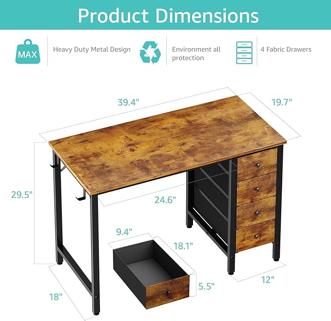 Lufeiya 40 inch Computer Desk with 4 Drawers, Kids Student Small Desks for Home Office Small Space, Work PC Desk Table for Bedroom, Rustic Brown - LeafyLoom