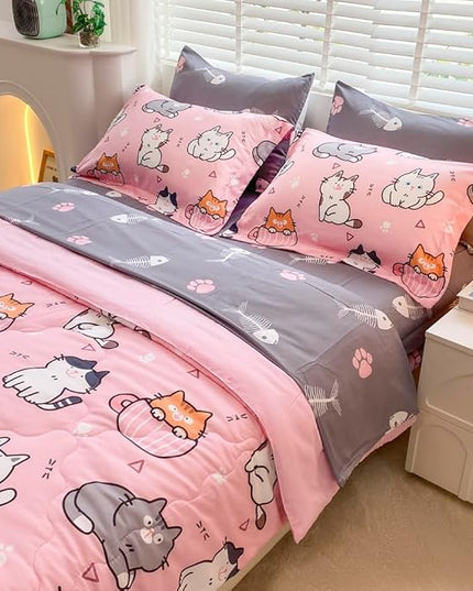 7 Piece Girls Cat Comforter Set Queen Size Bed in A Bag Pink Cute Cartoon Pet Cats Bedding Set for Kids Boys Teens (1 Comforter, 1 Flat Sheet, 1 Fitted Sheet, 4 Pillow Sham) Gray - LeafyLoom