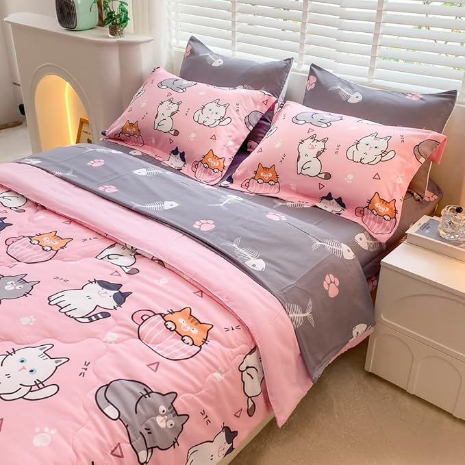 7 Piece Girls Cat Comforter Set Queen Size Bed in A Bag Pink Cute Cartoon Pet Cats Bedding Set for Kids Boys Teens (1 Comforter, 1 Flat Sheet, 1 Fitted Sheet, 4 Pillow Sham) Gray - LeafyLoom