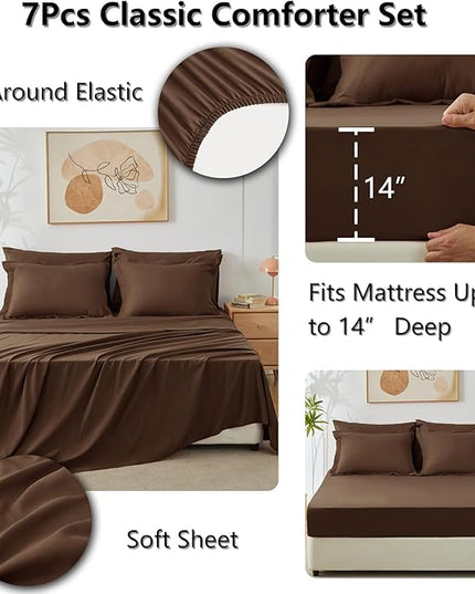 CozyLux Queen Comforter Set with Sheets 7 Pieces Bed in a Bag Brown All Season Bedding Sets with Comforter, Pillow Shams, Flat Sheet, Fitted Sheet and Pillowcases - LeafyLoom