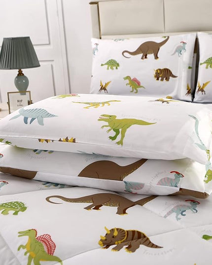 MAG 3Pcs Dinosaur Bedding Comforter Set, Dino White Base Twin Comforter Set,for Toddlers Kids,Boys Teens and Girls,Super Soft Microfiber, Twin Size (1 Comforter + 2 Pillowcases) - LeafyLoom