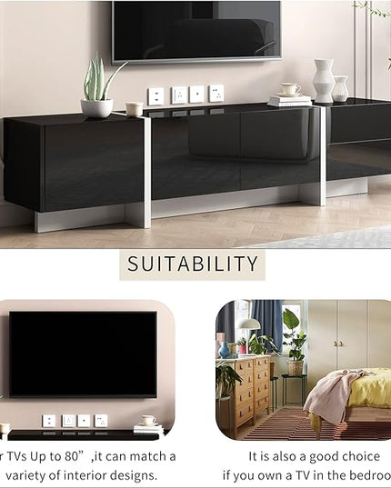 Merax Contemporary Rectangle Design TV Stand for Television Up to 80", Unique Style Console Table, Modern Storage Cabinet with High Gloss UV Surface for Living Room, 74.8" Length, Black - LeafyLoom