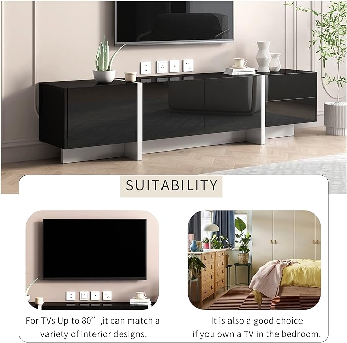 Merax Contemporary Rectangle Design TV Stand for Television Up to 80", Unique Style Console Table, Modern Storage Cabinet with High Gloss UV Surface for Living Room, 74.8" Length, Black - LeafyLoom