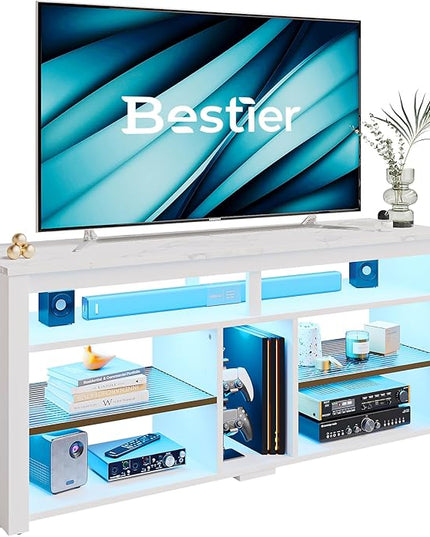 Bestier LED Tall Entertainment Center, 55 inch TV Stand for 55/60/65 inch TV, TV Console with Storage for PS5, Media TV Cabinet with Adjustable Shelf for Living Room, White Marble - LeafyLoom