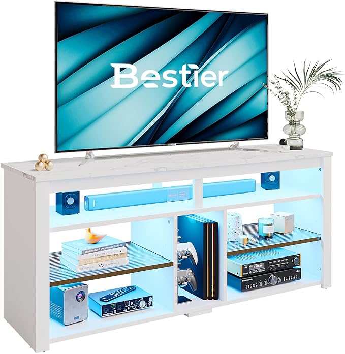 Bestier LED Tall Entertainment Center, 55 inch TV Stand for 55/60/65 inch TV, TV Console with Storage for PS5, Media TV Cabinet with Adjustable Shelf for Living Room, White Marble - LeafyLoom