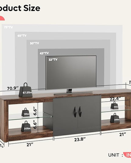Bestier 70 inch Gaming Entertainment Center with Adjustable Glass Shelves for 75 inch TV, Large Led TV Stand with Two Cabinets, Modern Television Stand for Living Room, Bedroom, Walnut - LeafyLoom