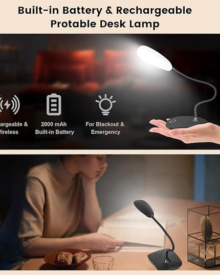 Battery Powered Desk Lamp, Portable Lamps Rechargeable 3 Color Modes Touch Control Stepless Dimming, Wireless Desk Lamp with 2000mAh, Small LED Table Light for Dorm Study Office Bedroom,Black - LeafyLoom