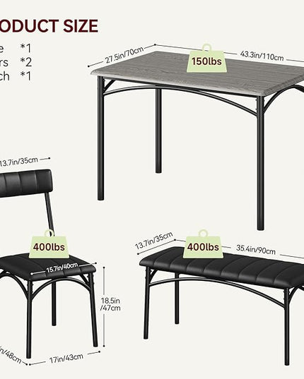 GAOMON Dining Table Set for 4, Kitchen Table with Upholstered Chairs and Bench, 4-Person Dining Room Table Set, Rectangular Kitchen Table Set for Small Space, Apartment, Home, Studio, Rustic Grey - LeafyLoom