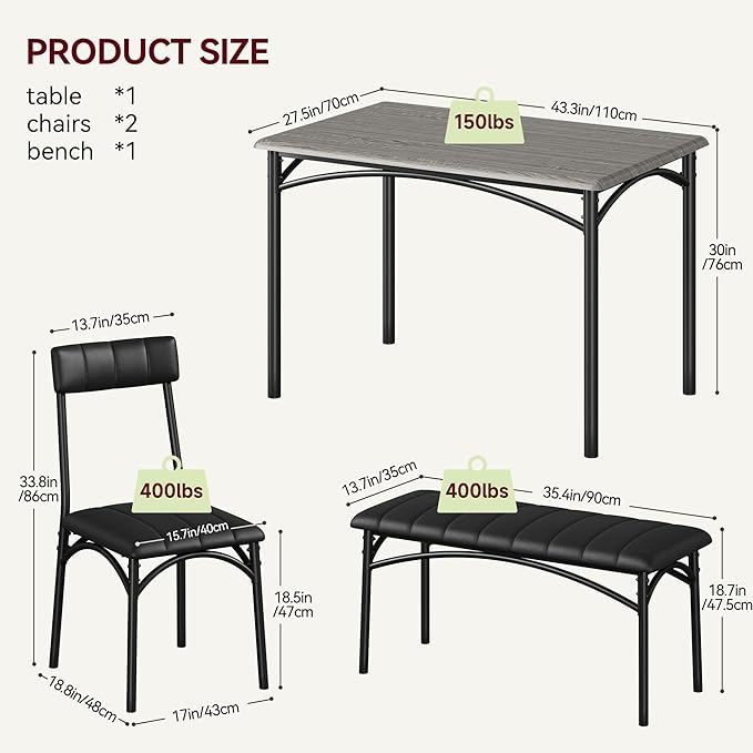 GAOMON Dining Table Set for 4, Kitchen Table with Upholstered Chairs and Bench, 4-Person Dining Room Table Set, Rectangular Kitchen Table Set for Small Space, Apartment, Home, Studio, Rustic Grey - LeafyLoom