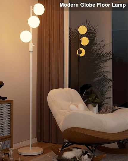 Lightdot Dimmable (Brightness Adjustable) Globe Floor Lamp, White Pole Standing Lamps with 3PCS 3000K G9 Bulbs, Mid Century Modern Floor Lamp for Living Room - LeafyLoom