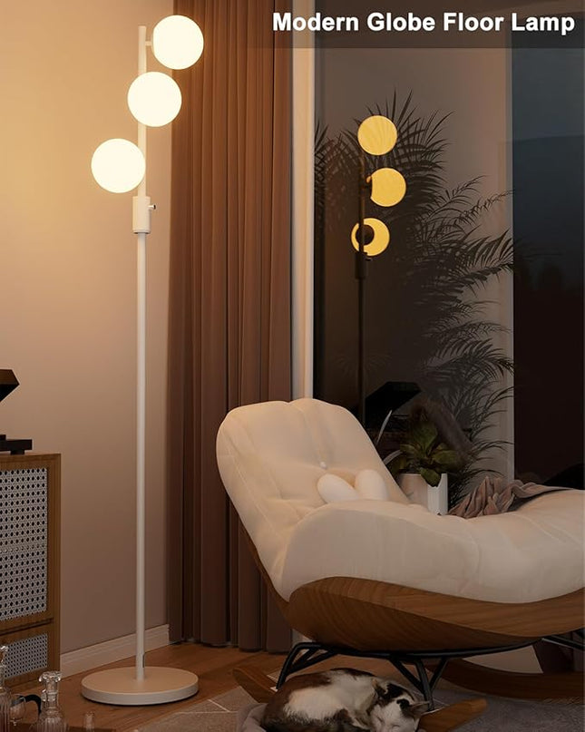 64IN Dimmable White Floor Lamp, Tall Standing Lamps with 3 Globe Soft Warm White Eye Care 3000K G9 Bulbs, Mid Century Modern Floor Lamp for Bedroom Office - LeafyLoom