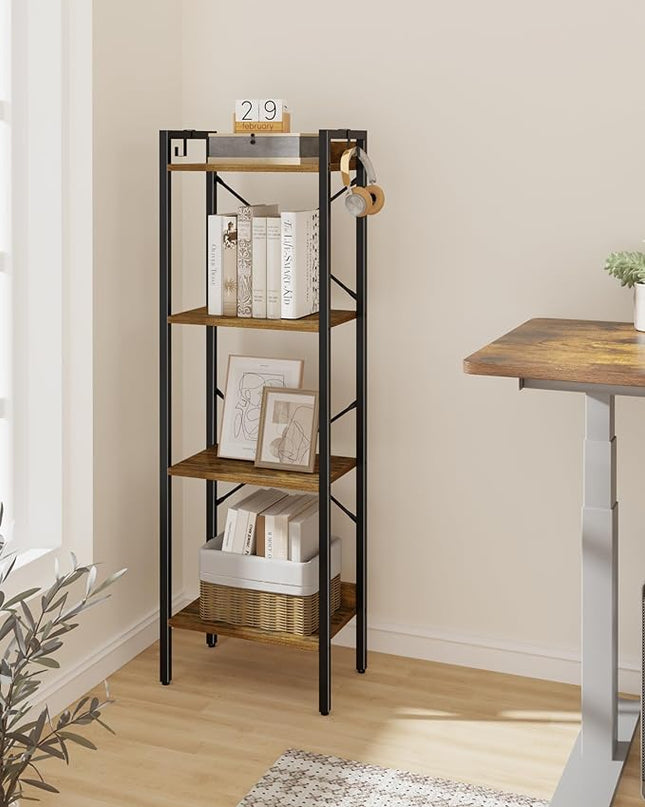 Bookshelf, Book Shelf, Industrial Bookcase with 2 Hooks, Coner Shelf Storage Organizer for Home Office, Living Room, Bedroom, Kitchen, 4-Tier Rustic Brown BC10401B - LeafyLoom