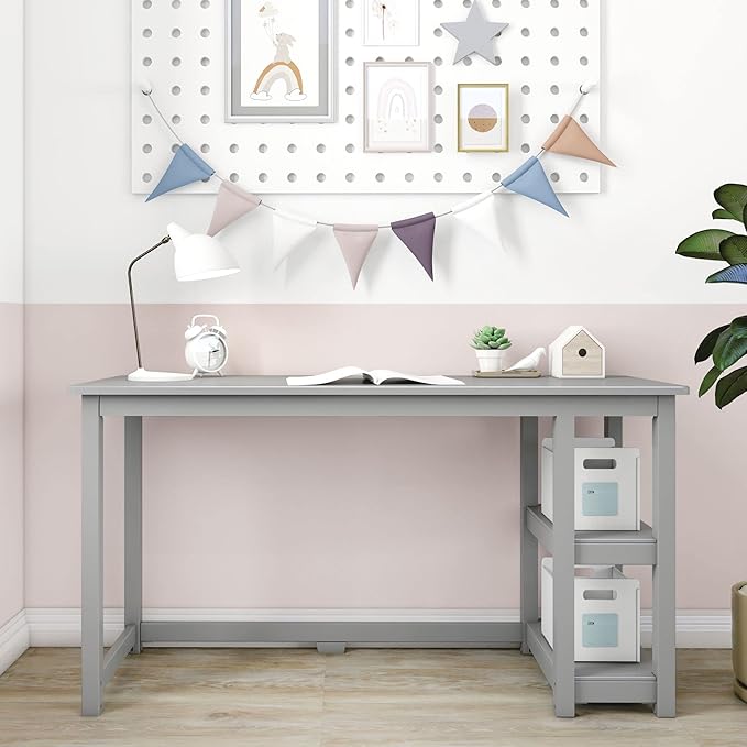 Max & Lily Solid Wood Desk With Shelves, 55 Inches, Grey - LeafyLoom