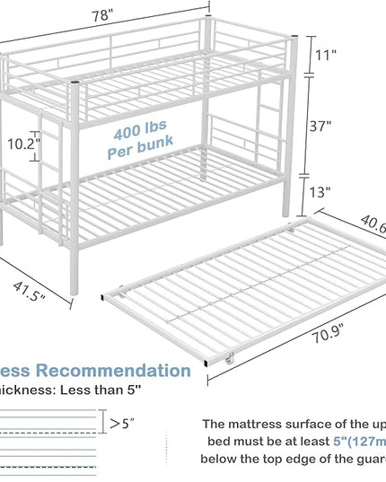 VECELO Twin Over Twin Bunk Bed with Trundle, Metal Bunkbeds with Ladder and Full-Length Guardrail, Noise Free, No Box Spring Needed, Off White - LeafyLoom