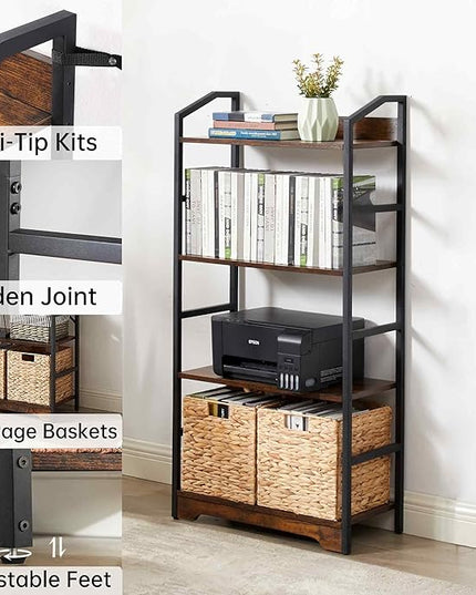 Vagusicc 4 Tier Bookshelf with 2 Storage Baskets, Tall Bookcase Shelf Storage Organizer Wood Book Shelf, Modern Shelf Rack Shelves with Steel Frame, Multipurpose Bookshelf for Bedroom Living Room - LeafyLoom