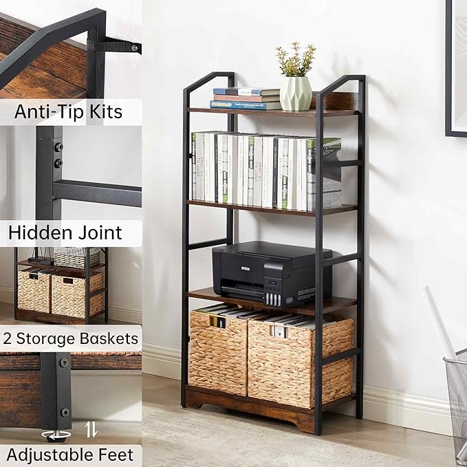 Vagusicc 4 Tier Bookshelf with 2 Storage Baskets, Tall Bookcase Shelf Storage Organizer Wood Book Shelf, Modern Shelf Rack Shelves with Steel Frame, Multipurpose Bookshelf for Bedroom Living Room - LeafyLoom