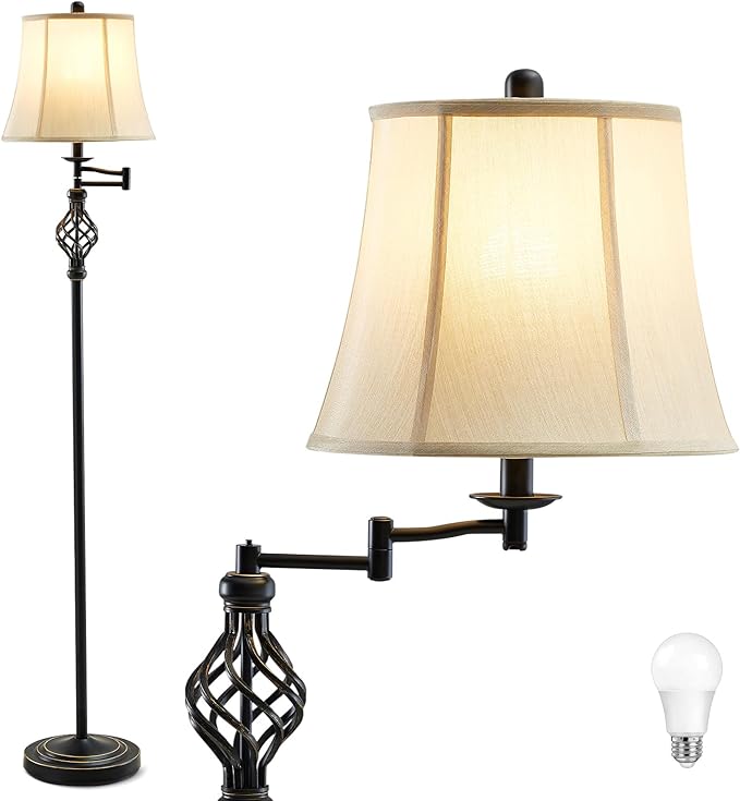 3 Color Temperature LED Floor lamp, Traditional 350° Adjustable Swing Arm Floor Lamp Vintage Pole lamp Farmhouse Lamp for Living Rooms & Offices, Rustic Standing Lamp for Bedroom Reading - LeafyLoom