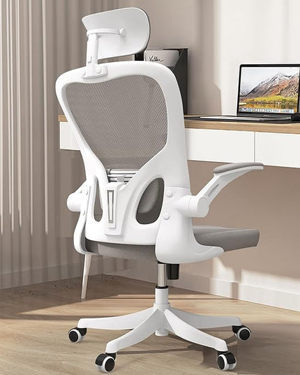 Office Chair, Ergonomic Office Chair, Home Office Desk Chairs with Lumbar Support, 3D Headrest and Flip Up Arms, Rockable Swivel Computer Chair Grey Mesh Chair for Home Office - LeafyLoom