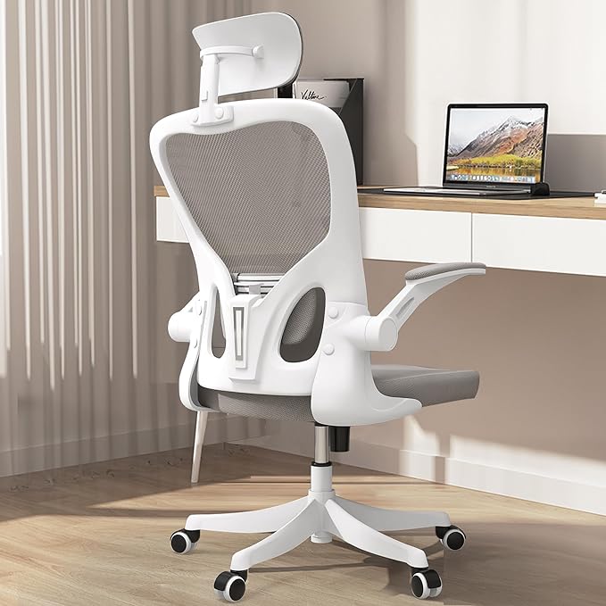 Office Chair, Ergonomic Office Chair, Home Office Desk Chairs with Lumbar Support, 3D Headrest and Flip Up Arms, Rockable Swivel Computer Chair Grey Mesh Chair for Home Office - LeafyLoom