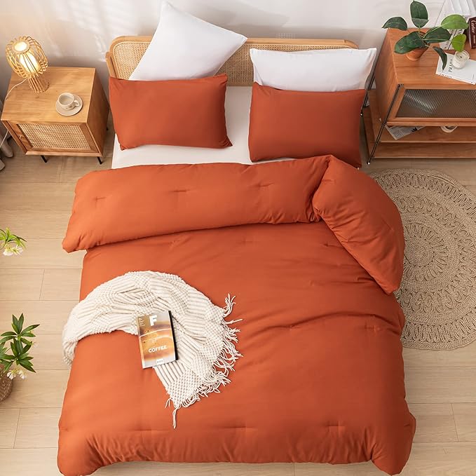 Terracotta Queen Comforter Solid Color 3PCS Boho Bed Comforter Set Queen Size Soft Lightweight Down Alternative Microfiber Comforter for All Season (1 Comforter, 2 Pillowcases) - LeafyLoom