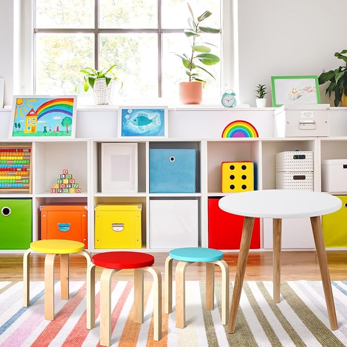 4 Pcs 12 Inch Bentwood Stacking Stool for Kids Colored Durable Round Nesting Stool Flexible Wood Stackable Stool Chairs for Playroom Daycare Home Classroom (Bright Color) - LeafyLoom