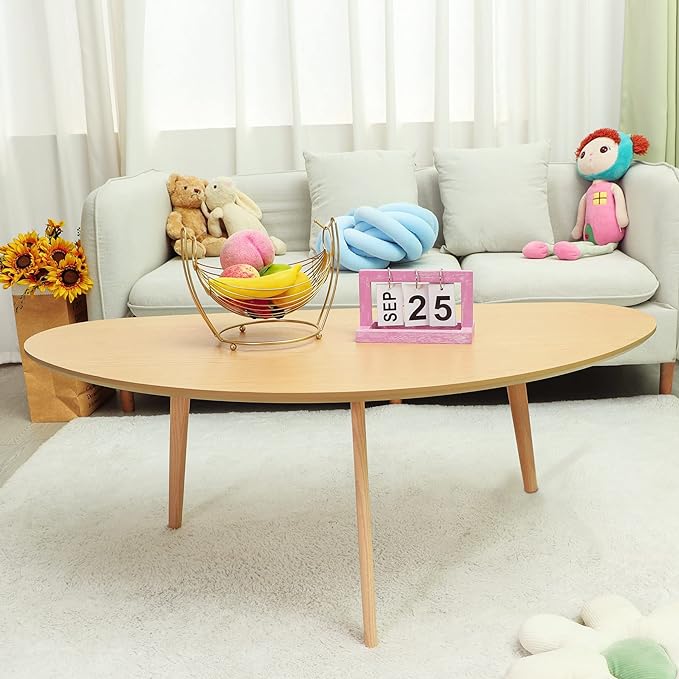 FIRMINANA Mid Century Modern Coffee Table,Large Oval Coffee Table for Living Room,Oval Small Mangotop Coffee Table for Small Spaces Nature Wood-47.3" W x23.63 D x 17.72" H - LeafyLoom