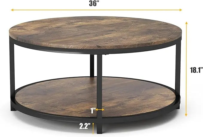 NSdirect 36 inches Round Coffee Table, Rustic Wooden Surface Top & Sturdy Metal Legs Industrial Sofa Table for Living Room Modern Design Home Furniture with Storage Open Shelf (Brown) - LeafyLoom