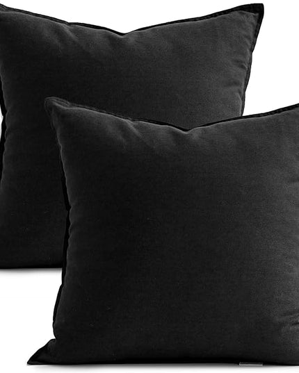 Jeanerlor 18"x18" Solid Cotton Linen Decoration Throw Pillow Case with Zipper Euro Sham Cushion Case Cool Pillow Cover Delicate Decorative Pillowcase for Chair/Bed/Couch,2 Packs, Black - LeafyLoom