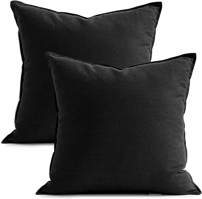 Jeanerlor 18"x18" Solid Cotton Linen Decoration Throw Pillow Case with Zipper Euro Sham Cushion Case Cool Pillow Cover Delicate Decorative Pillowcase for Chair/Bed/Couch,2 Packs, Black - LeafyLoom