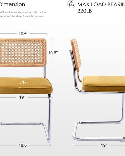 Zesthouse Mid Century Modern Dining Chairs Set of 2, Velvet Accent Chairs with Natural Cane Back & Stainless Chrome Base, Famous Breuer Designed Chairs, Upholstered Rattan Kitchen Chairs - LeafyLoom