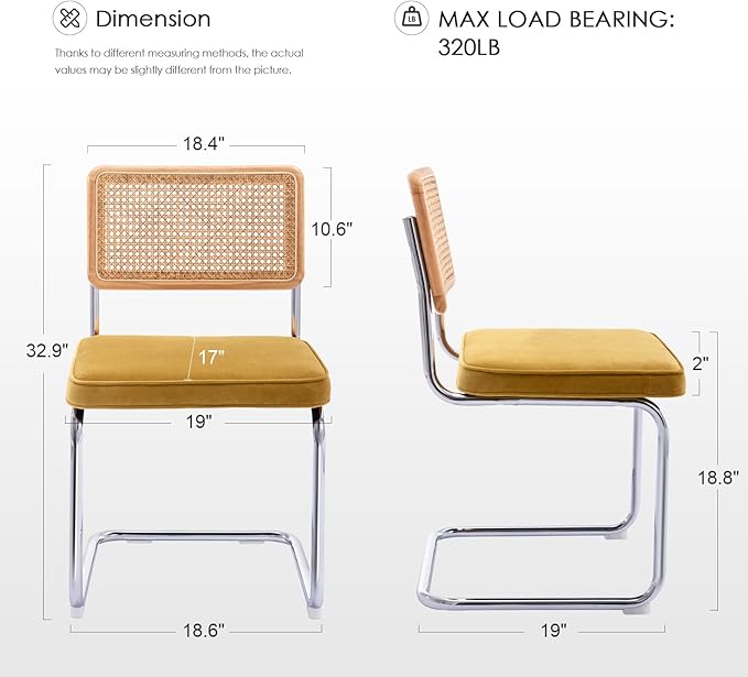 Zesthouse Mid Century Modern Dining Chairs Set of 2, Velvet Accent Chairs with Natural Cane Back & Stainless Chrome Base, Famous Breuer Designed Chairs, Upholstered Rattan Kitchen Chairs - LeafyLoom