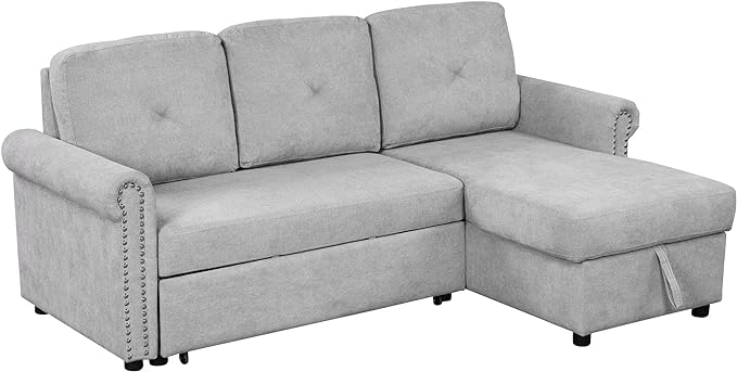 83'' L-Shape Convertible Sleeper Sectional Sofa with Storage Chaise and Pull-Out Bed, Velvet Upholstered Reversible Corner Couch w/Tufted Cushions, for Living Room, Apartment - LeafyLoom