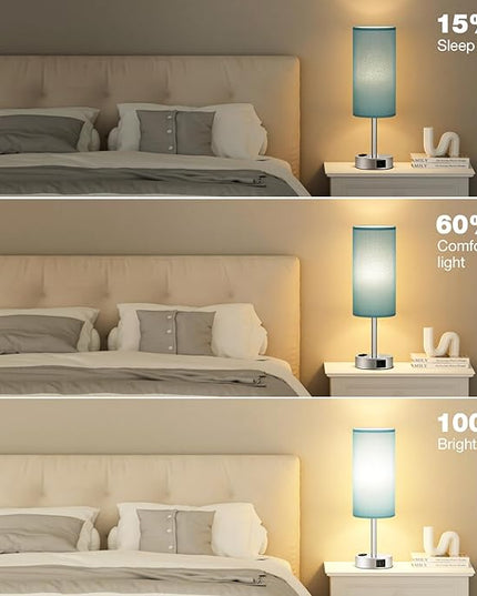 Turquoise Nightstand Table Lamp for Bedroom - 3 Way Dimmable Touch Lamp USB A and C Charging Ports and AC Outlet, Small Lamp for Office Desk with Metal Base, LED Bulb Included - LeafyLoom