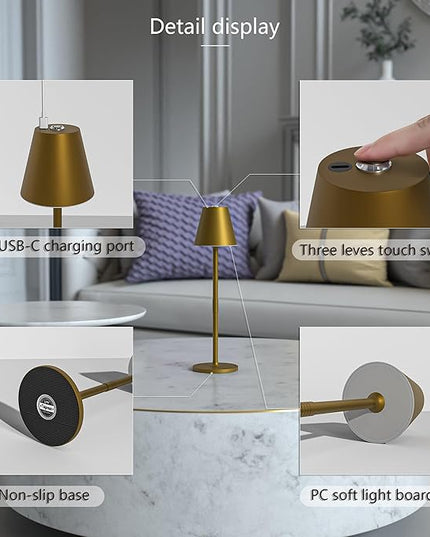 LED CordlessTable Lamp,4000mAh Rechargeable Battery Desk lamp,3 Level Brightness Beside Night Light, Minimalist Design, for Couple Dinner/Coffee Table/Restaurant/Bedroom(Bronze 4PACK) - LeafyLoom