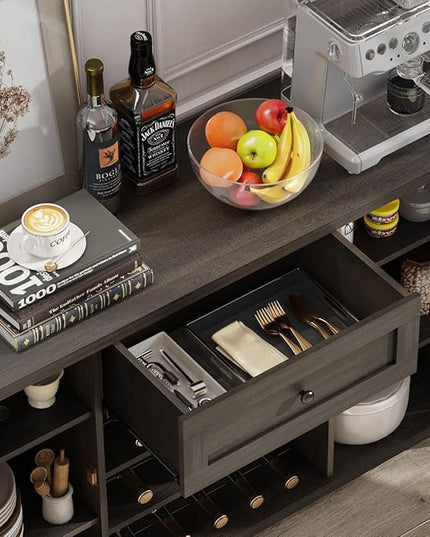 FATORRI Industrial Buffet Cabinet with Storage, Farmhouse Sideboard Cabinet with Wine Rack, Rustic Wood Coffee Bar Cabinet for Kitchen (55.12 Inch, Walnut Brown) - LeafyLoom