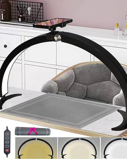 Half Moon Light for Nail Desk with Phone Holder, 29in Half Moon Table Lamp with Wire Controller & Remote, Dimmable Nail Desk Light for Eyelash Extension, Nail Tech, Beauty Care, Tattoos,Crafts - LeafyLoom