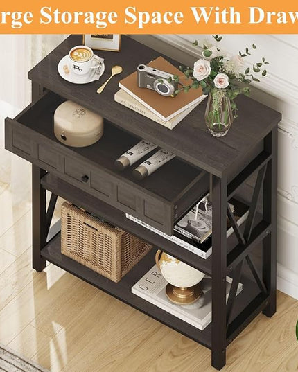 FATORRI Rustic Bookshelf with Drawer, Industrial Wood and Metal Bookcase, Small Book Shelf and Low Book case for Small Space (Walnut Brown) - LeafyLoom