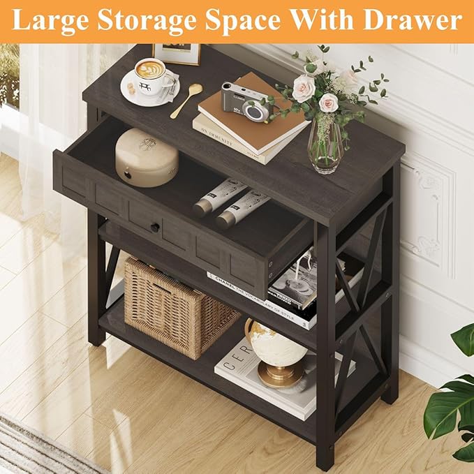 FATORRI Rustic Bookshelf with Drawer, Industrial Wood and Metal Bookcase, Small Book Shelf and Low Book case for Small Space (Walnut Brown) - LeafyLoom